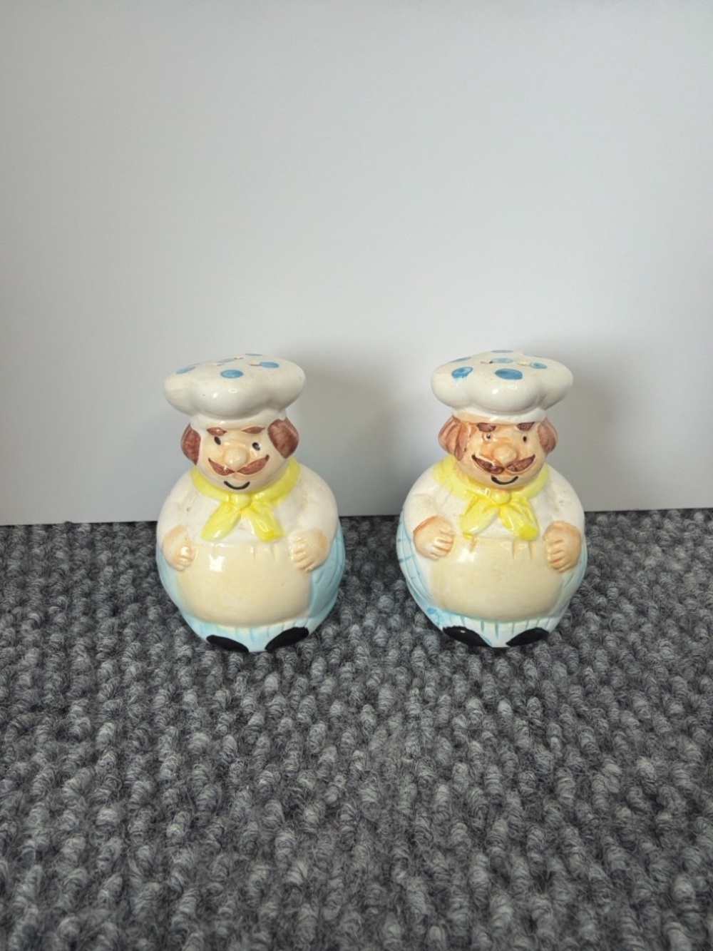 Vintage Chef Salt & Pepper Shakers Ceramic Mustache Cook Blue White Japan Style